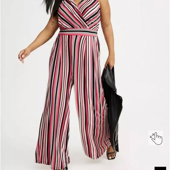 Torrid, NWT, Sz 00/Med/10 Studio Knit Surplice Tie Back Pink Stripe Jumpsuit - Picture 2 of 10